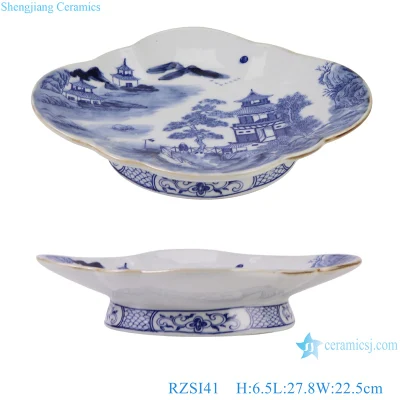 Jingdezhen porcelana azul e branca padrão de paisagem flor formato oval prato de frutas de cerâmica com pé alto